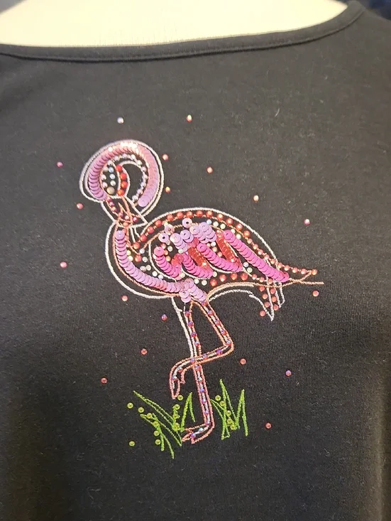 Quacker Factory By Jeanne Bicea Black Tee with Pink Sequin Flamingo Size L - Picture 1 of 15